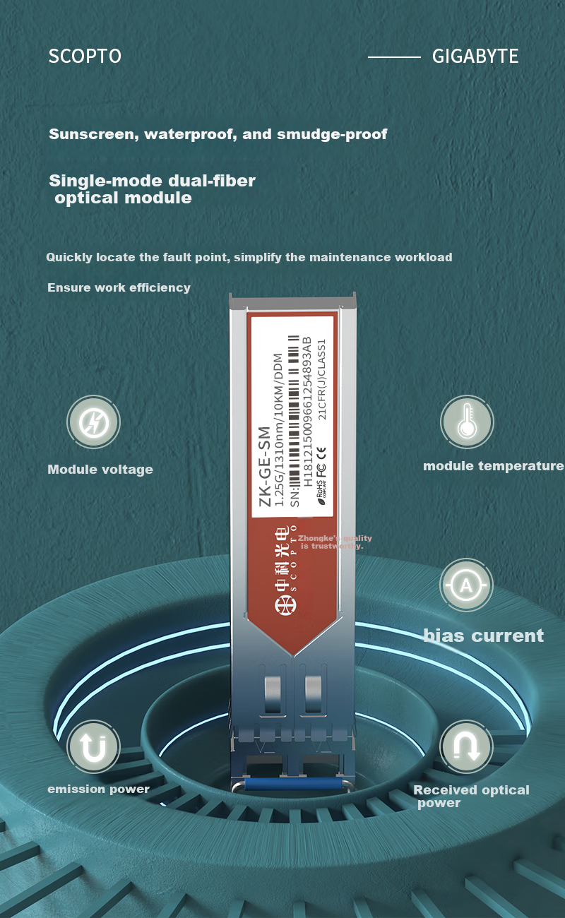 Zhongkeguangdian Gigabit Optical Module SFP Optical Module 1.25G Single-Mode Optical Module Single-Mode Dual-Fiber 1310nm, 10KM LC Interface One Piece ZK-GE 2