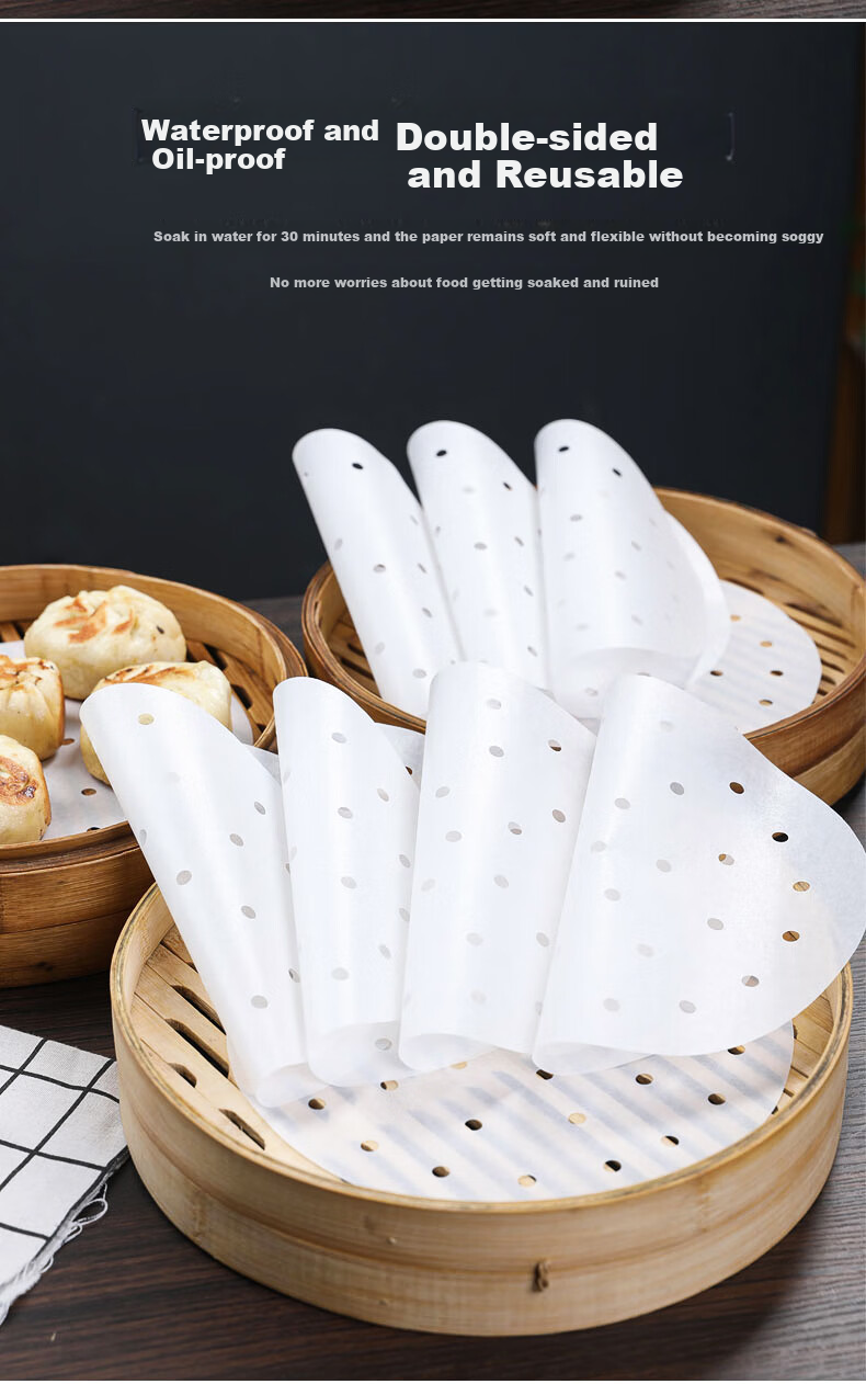 Fangcaodi Steamer Paper, 100 Sheets, Disposable Steaming Paper for Buns And Mantou, Non-Stick Paper Liner for Xiaolongbao, Steamer Tray Paper, Diameter 27CM 7