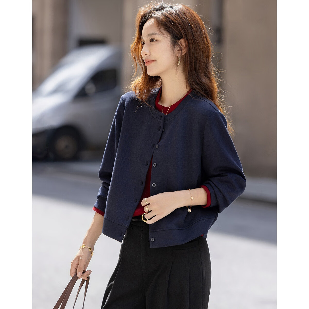 Dme [Warm 350G Brushed Air Layer] Winter Stylish Faux Two-Piece Color Block Stand Collar Sweatshirt Women's Top