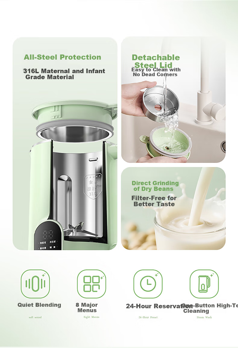 LOTOR Leiduojiaju Soy Milk Maker for Home Use, 4-Person Capacity, Fully Automatic, Quiet Operation, No Filtering Or Washing Required, Juicer, Blender, Heater, for Grains And Cereals, 316L Stainless Steel Blender 3