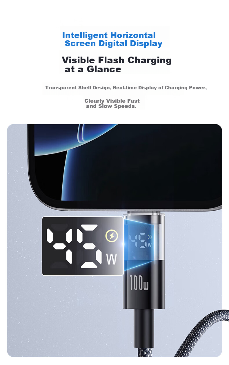 BASEUS Dual-Head Type-C Charging Cable, Digital Display PD100W Super Fast Charging Data Cable, Suitable for Huawei, Honor, Xiaomi, Apple 18/17/16/15 Phones, IPad, Laptops 3