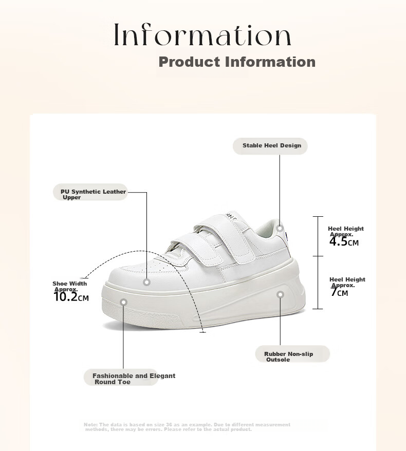 DAPHNE Velcro Platform White Sneakers for Women, Spring 2025 New Women's Casual Shoes, Height-Increasing Skateboard Shoes, Beige, Size 40 5