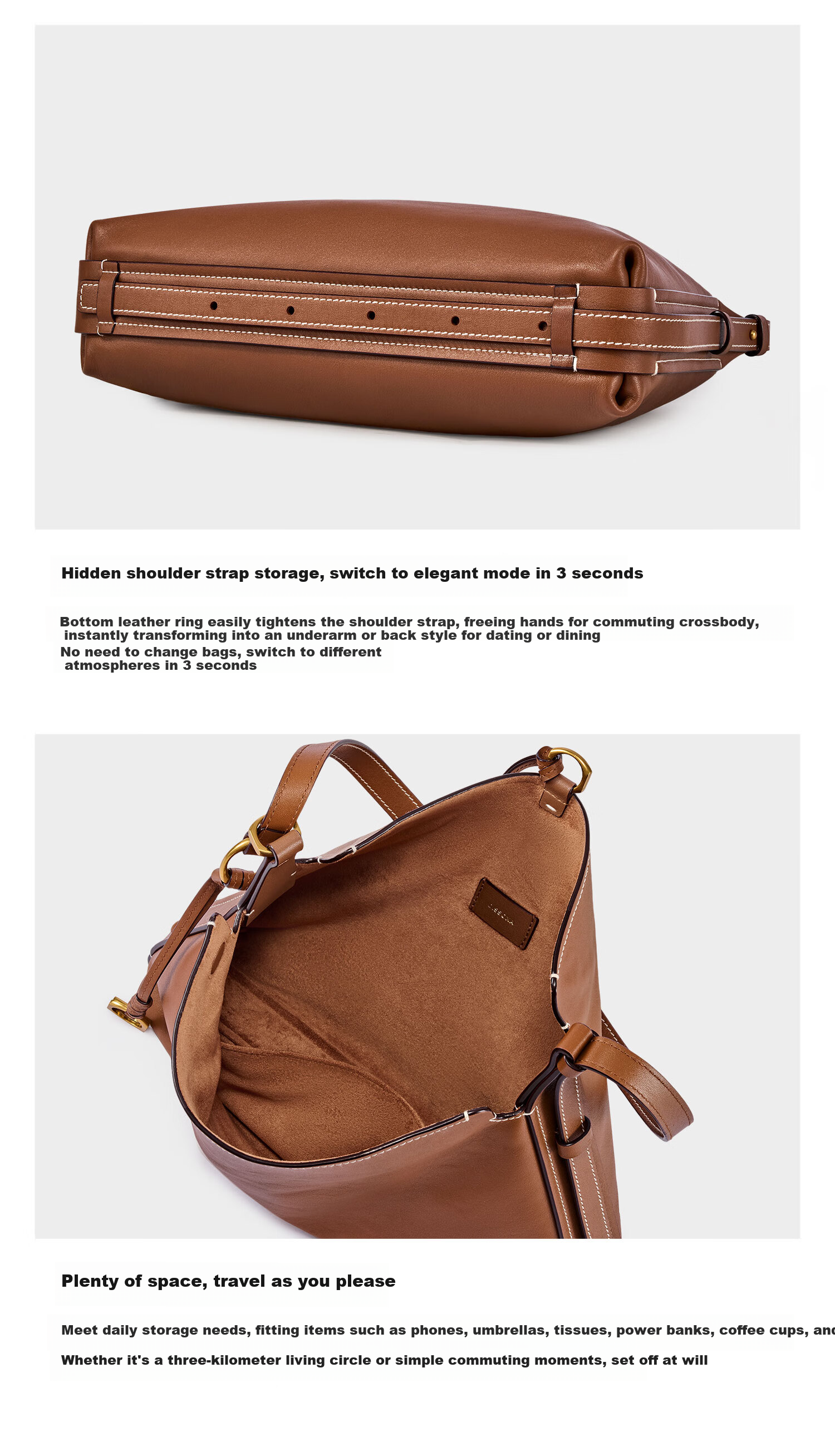 DISSONA Hobo Soft Leather Underarm Bag for Women, Shoulder Bag, Brown - Medium Size 8
