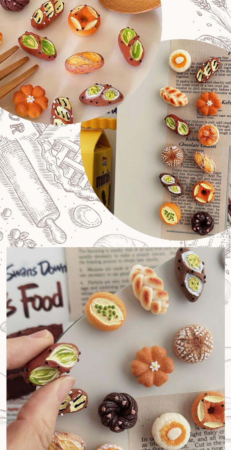 Jufu French-style Alkaline Water Bread Magnetic Mini Realistic European Bread Refrigerator Magnet Baking Memo Decorative Creative Cute High-Value Resin Magnetic Sticker Decoration 2