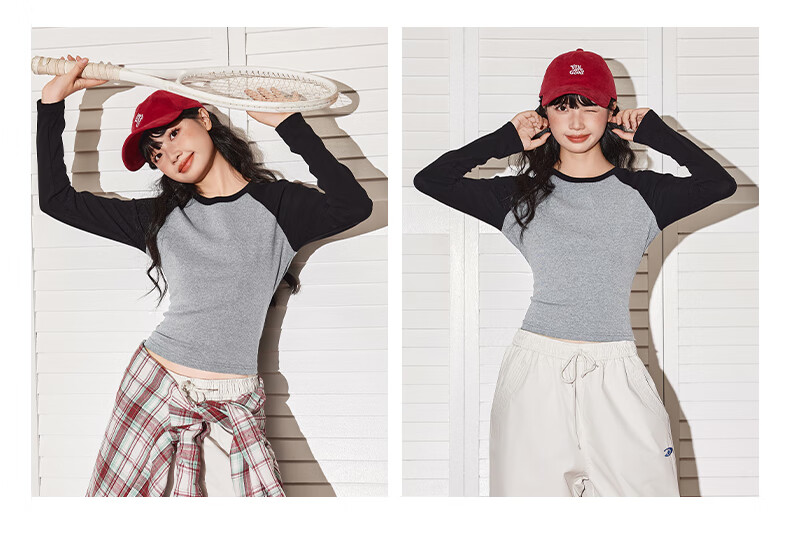 TonLion Women's Long Sleeve T-Shirt Short Color-Block Slim Fit Trendy Top Spring Autumn New 12