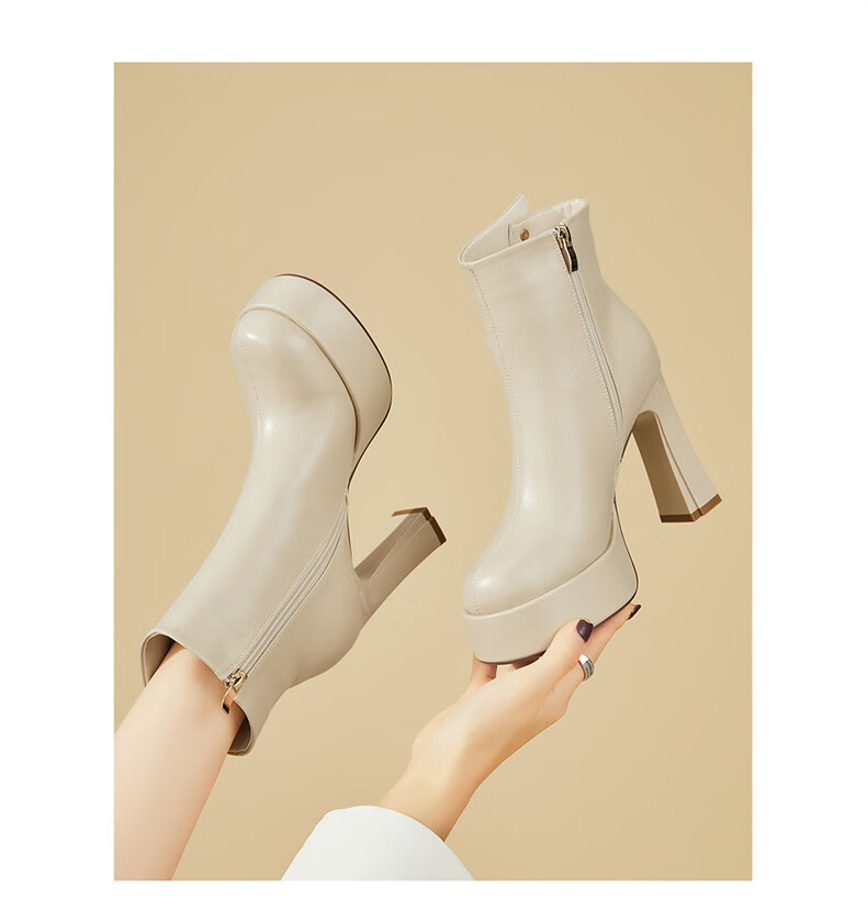 DAPHNE Side Zipper Fashion Elegant High Heel Short Boots Women Thick Heel Fleece-lined Slim Boots Black 37 8