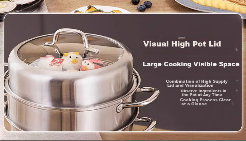 KBH Stainless Steel Steamer Pot, Large Capacity Composite Bottom Soup Pot, Dual-Use Steaming And Cooking Pot, Three-Layer High Lid, 30cm 2