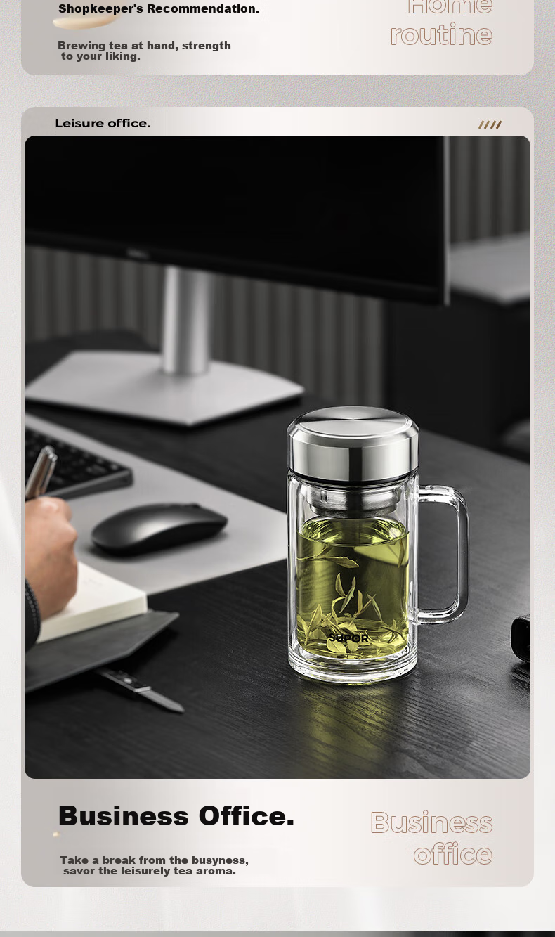 SUPOR Double-Layer Glass Cup for Men, Home Tea Infuser Cup with Handle, Business High-Quality Mug for Office Use 11