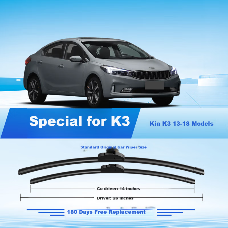 Aoye Windshield Wipers Suitable for Kia K3 (2013-2018 Models)/K3S (2014-2017 Models), Frameless Wiper Blades, Front Window Wipers, 1 Pair, 26+14 Inches