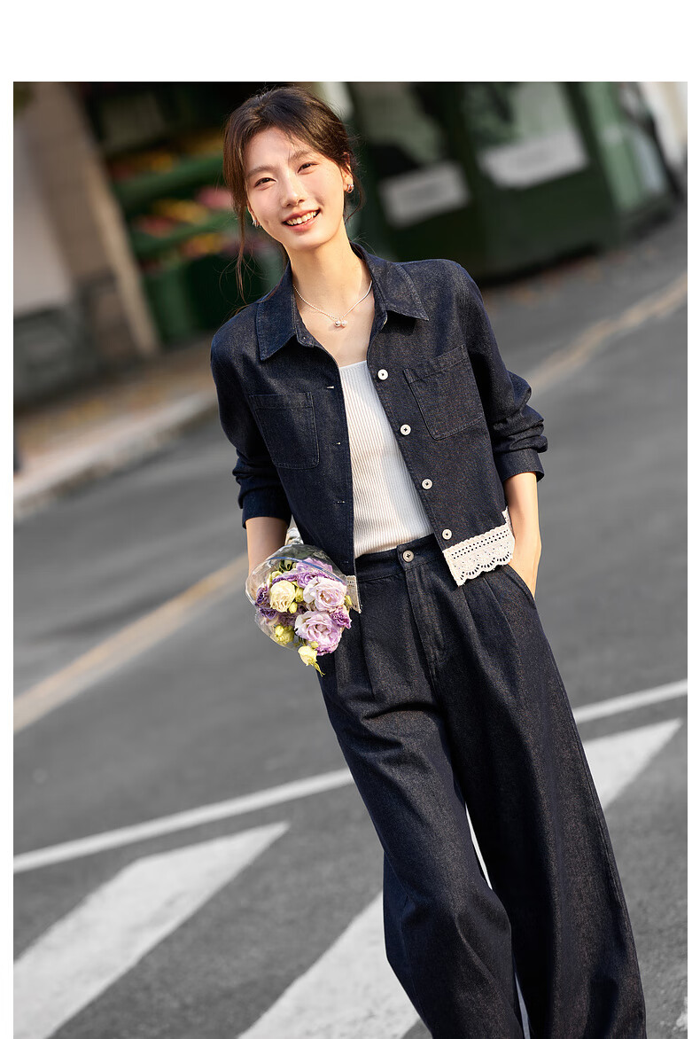 Fanshi Man Lace Trim Denim Set Women Autumn New Lapel Jacket and Pants Two-Piece Set Denim Blue XL 12