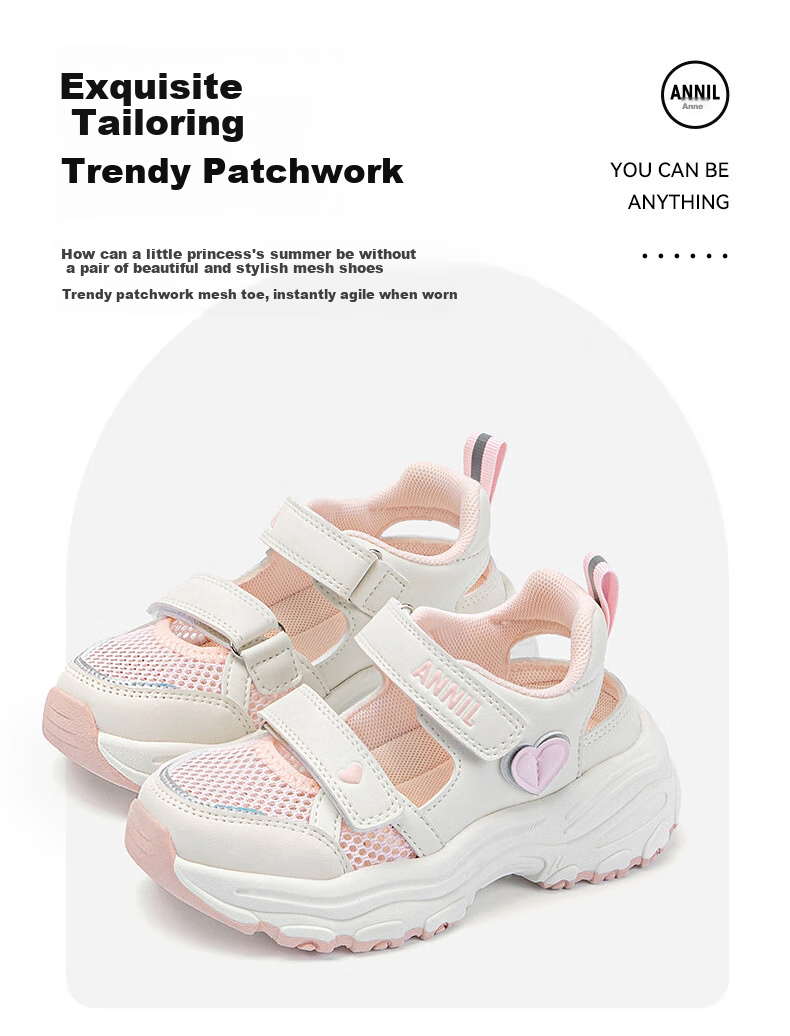 ANNIL Girls' Sandals, Summer New Style, Velcro Closure, Closed-Toe Beach Shoes, Children's Mesh Shoes for Summer, 5303 Light Pink, Size 33 5