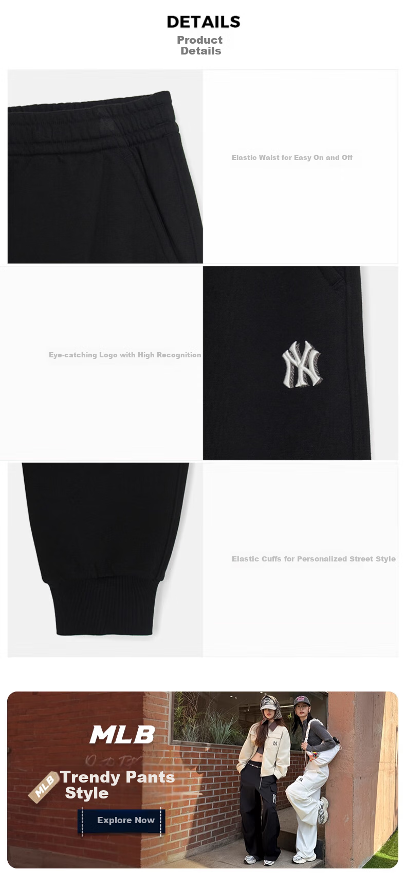 MLB Sports Pants for Men And Women with Small LOGO, Elastic Ankle Long Trousers, Wang Sulong Style, Women's Day 3APTB0154-50BKS 4
