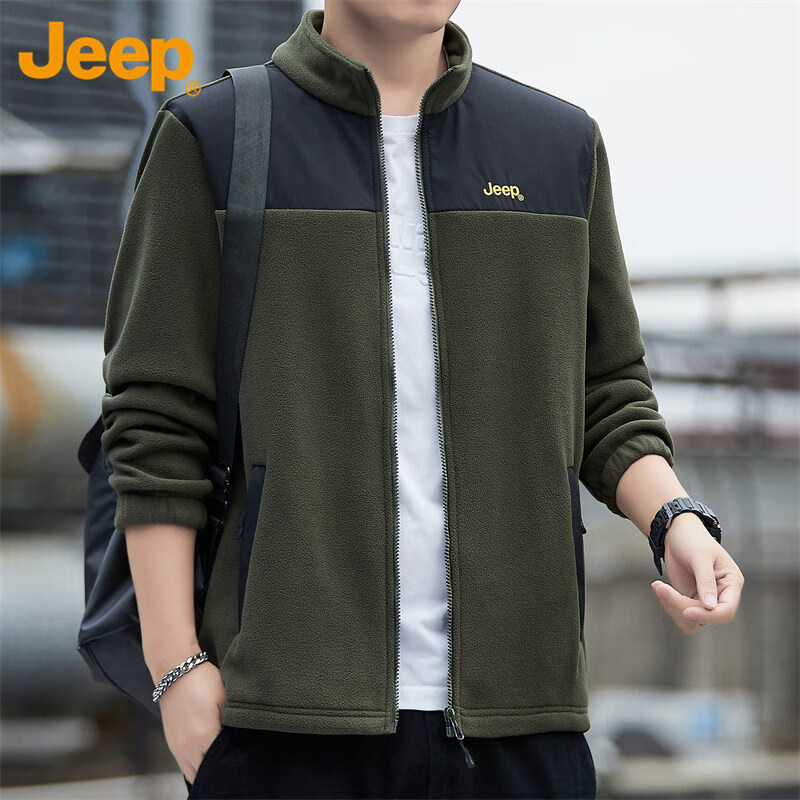 JEEP Men's Autumn Winter Fleece Lined Thickened Executive Casual Jacket Dark Army Green 2XL