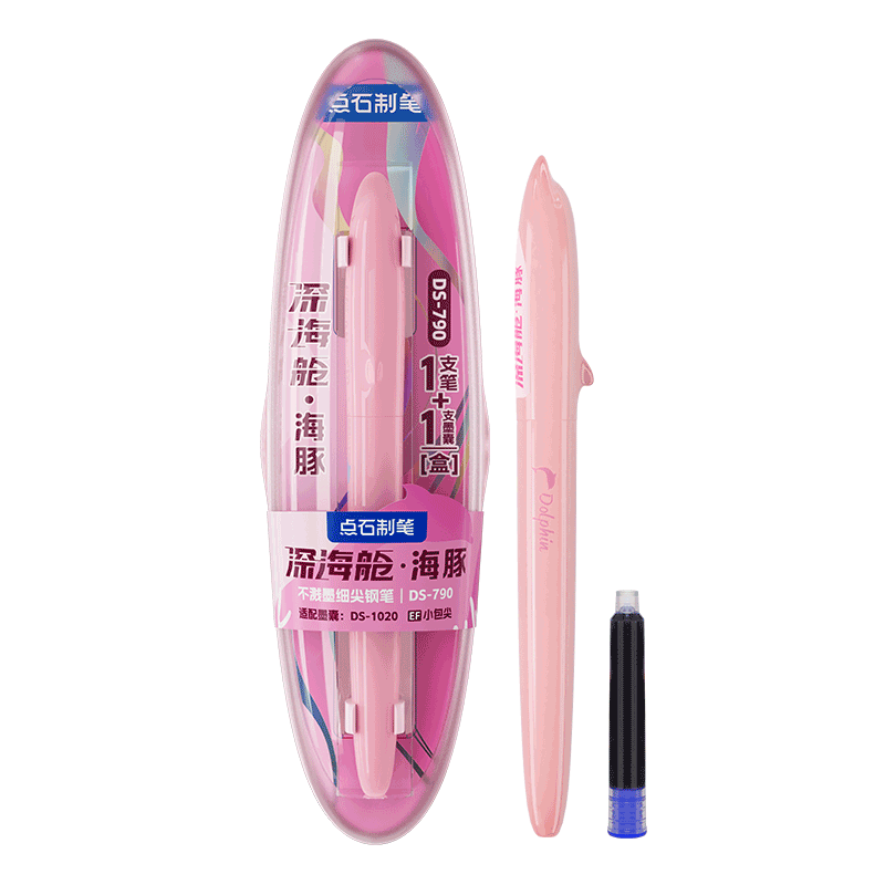 Dianshi Deep Sea Dolphin Student Fountain Pen No Ink Splatter EF Nib Posture Correction Refillable Ink Cartridge Back to School Essential 790 Pink Barrel Erasable Blue Ink