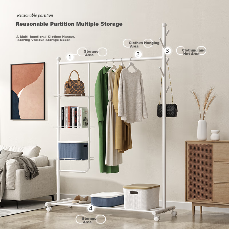 Yicainianhua Clothes Drying Rack, Floor-Standing Movable Multifunctional Hanger, Balcony Clothes Drying Rack, Indoor Storage Organizer, Clothing Stand 2101