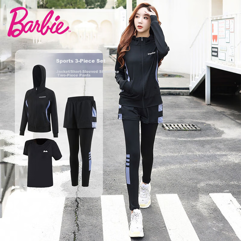 Barbie Sports Set of 3 Pieces for Women, Badminton Fitness Wear, Loose Casual Outfit, Running Clothes, Women's Sportswear Set