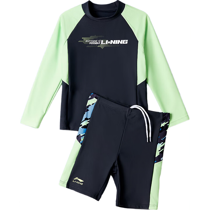 Li-Ning Children's Swimwear, Boys' Two-Piece Swimsuit, New Style for Boys Aged 6-12, Long-Sleeve Swimwear for Hot Springs