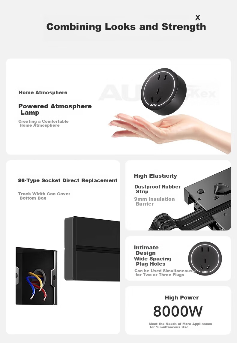 AUX Track Socket, Surface-Mounted No-Drilling Wall-Mounted Movable Wall Slide Socket Slim C6 Milk Gold, Earth Color 50cm + 4 White Light Rings Five-Hole 4
