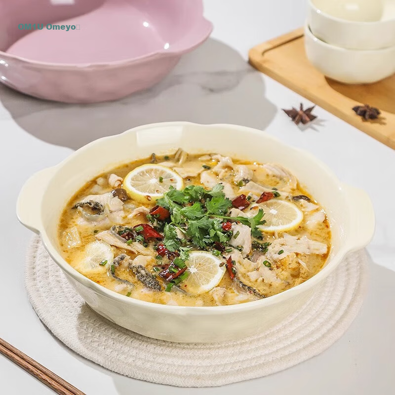 Керамическая миска AOmeiyou, 12 дюймов, кремовая, с двумя ручками, для супа, большая