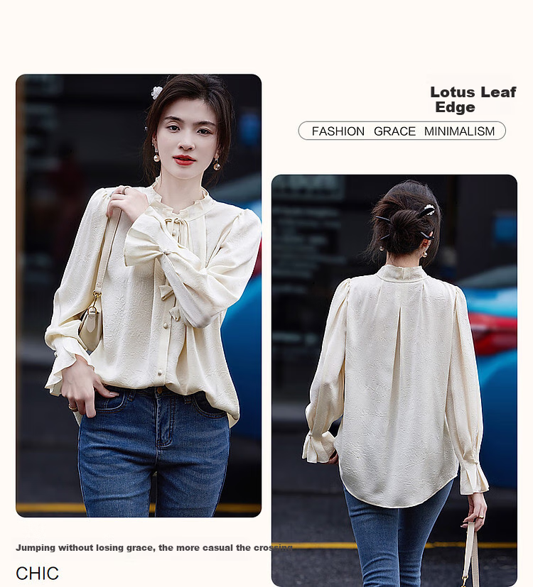 Dme [Ankeala Red] Elegant Office Blouse for Spring And Autumn, Wrinkled Shiny Ruffle Puff Sleeve Shirt Women's Top 5