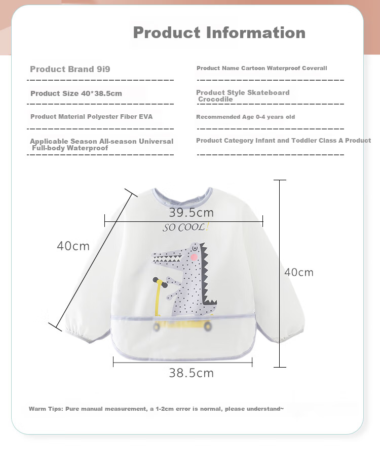 9I9 Baby Eating Smock, Waterproof Long-Sleeve Infant Apron, Kindergarten Bib, Drawing Smock, Anti-Dirt A110 Dinosaur 2