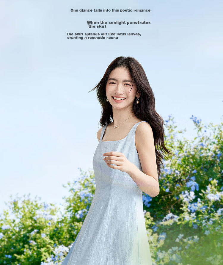 Shangdu Bila 100% Cotton A-Line Dress Women Summer Slim Waist Spaghetti Strap Square Neck Casual Mid-Length Dress 4