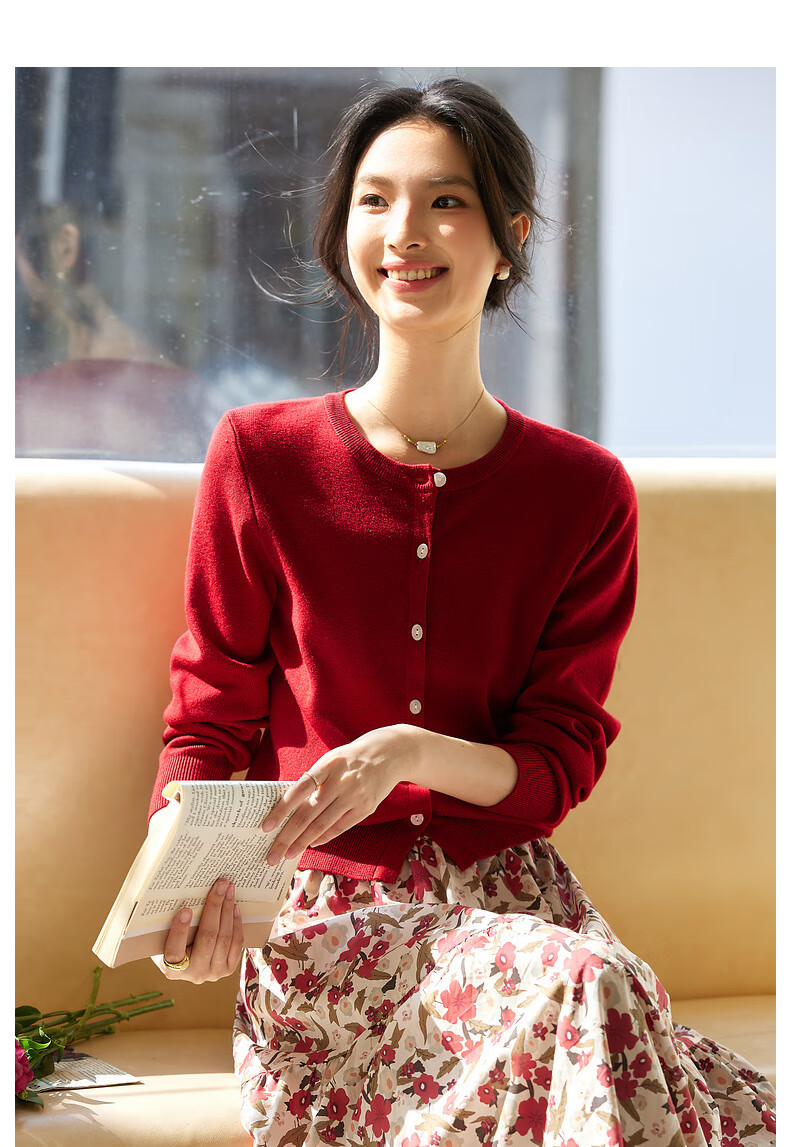 Fanximan Holiday Style Casual Set Women Autumn New Knitted Top and Skirt Two-Piece Set Apricot Base Red Floral L 6