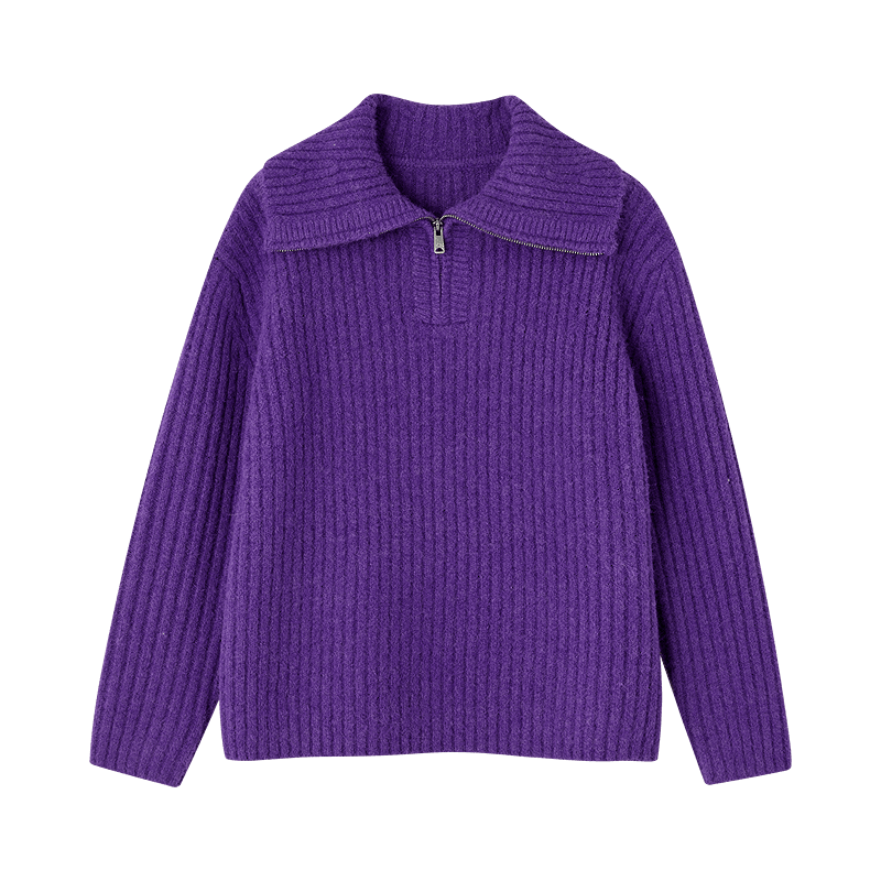Demana "Warm Secret" Winter Simple Half-Zip Stand Collar Loose Wool Blend Knit Sweater for Women