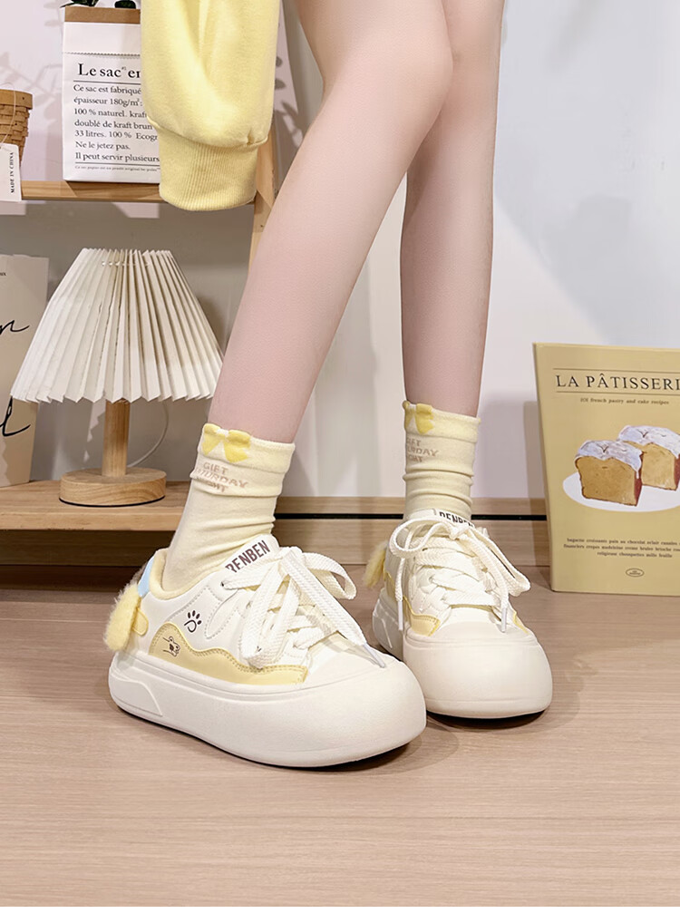 Renben Fleece-Lined White Sneakers for Women Cute Puppy Low-Top Original Casual Thick-Soled Warm Cotton Shoes Trendy Female 7