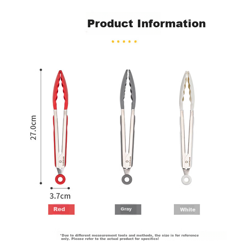 LOCK&LOCK Stainless Steel Silicone Food Tongs, Multifunctional Bread Tongs, Steak Tongs, Small Size, Single Piece - Gray