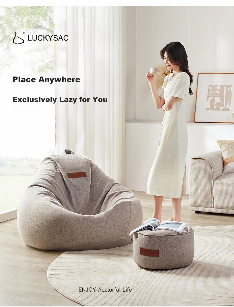 LUCKYSAC Lazy Bean Bag Sofa, Single-Person Fabric Sofa for Living Room, Bedroom, Balcony, Flagship Model in Warm Gray 25