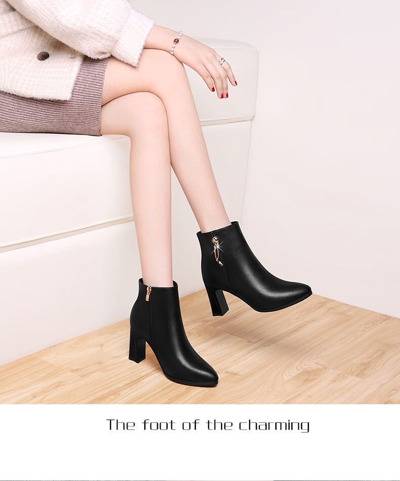 FUGUINIAO Genuine Leather Cowhide Fashion Boots Women Autumn Winter Fleece Lined Warm Short Boots Round Toe Chunky Heel Slim Boots Black Size 37 9
