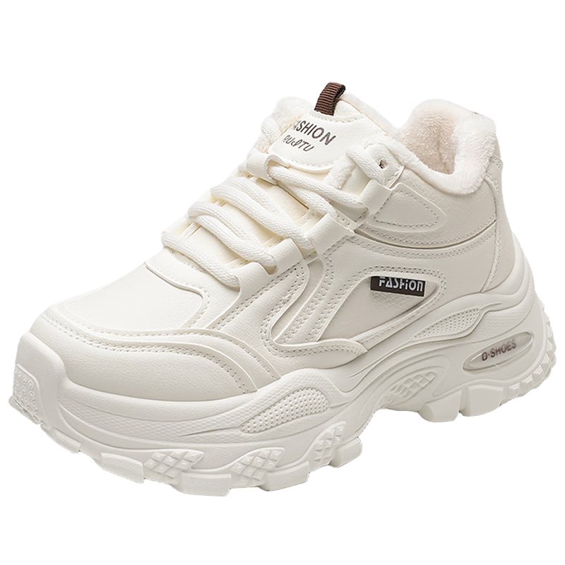 CARTELO Women's Winter Fleece Lined Dad Sneakers Warm Cotton High-Top Sports Casual Shoes 1665 Beige Size 38