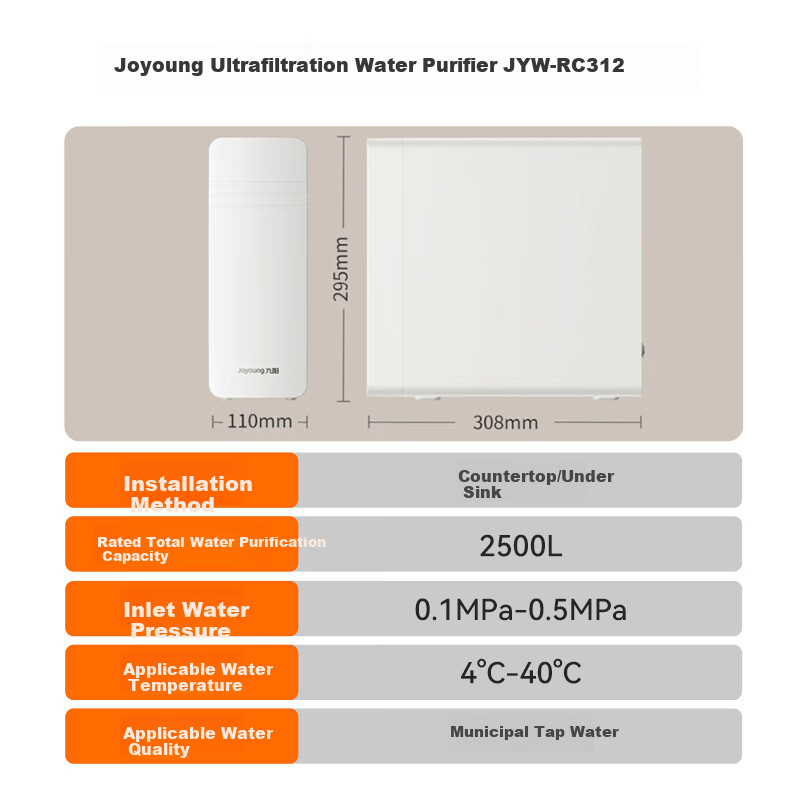 Joyoung Ultrafiltration Water Purifier for Home Direct Drinking, Kitchen Tap Water Purification System, 2.5L/min High Flow Rate JYW-RC312