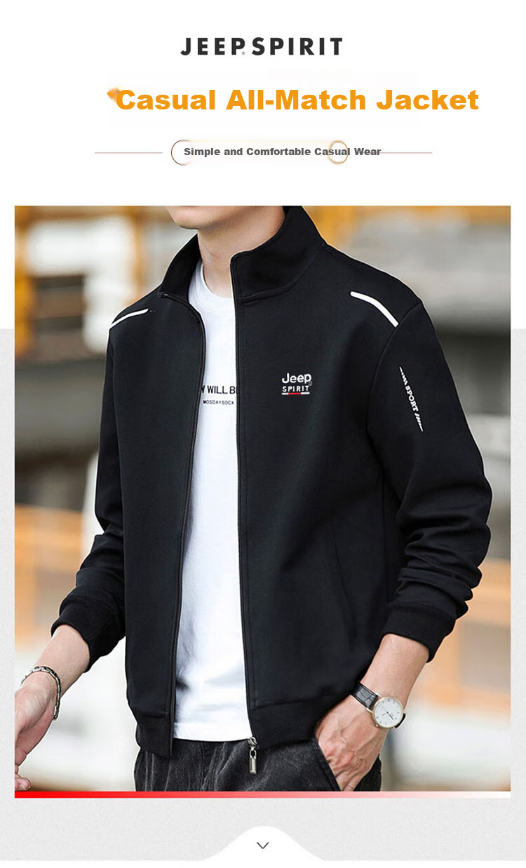 JEEP SPIRIT Men's Jacket, Spring Trendy Casual Outerwear, Men's Cardigan Stand-Collar Sweatshirt, Blue, 4XL 1