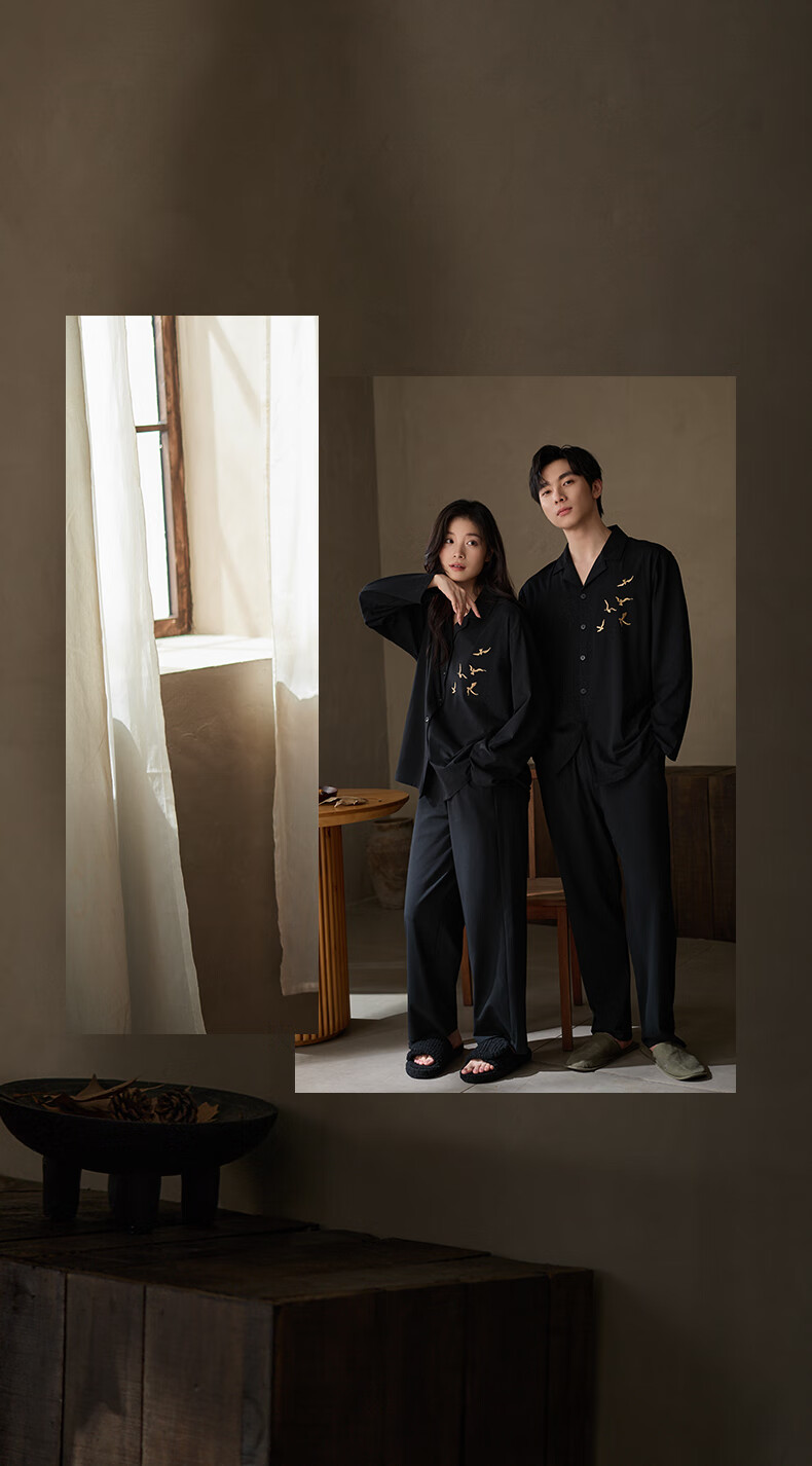 Shaqian Couples Pajamas 2025 New Soft Cotton Men's Homewear Black Lapel Women's Spring Autumn Wearable Set 1