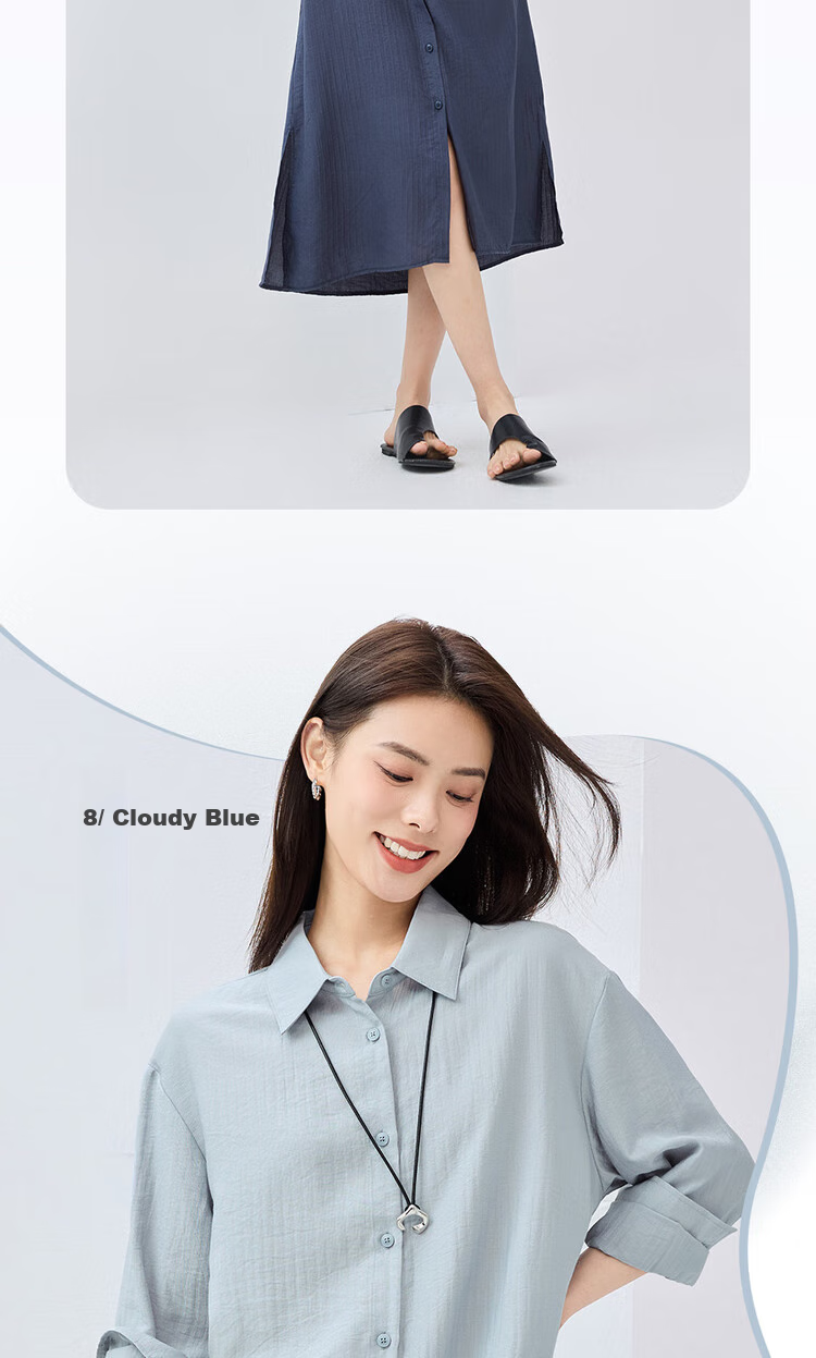 Giordano Women's Dress, 2026 Spring New Style, Side Slit with Subtle Stripes, Long-Sleeve Shirt Dress for Women, 05465070 10