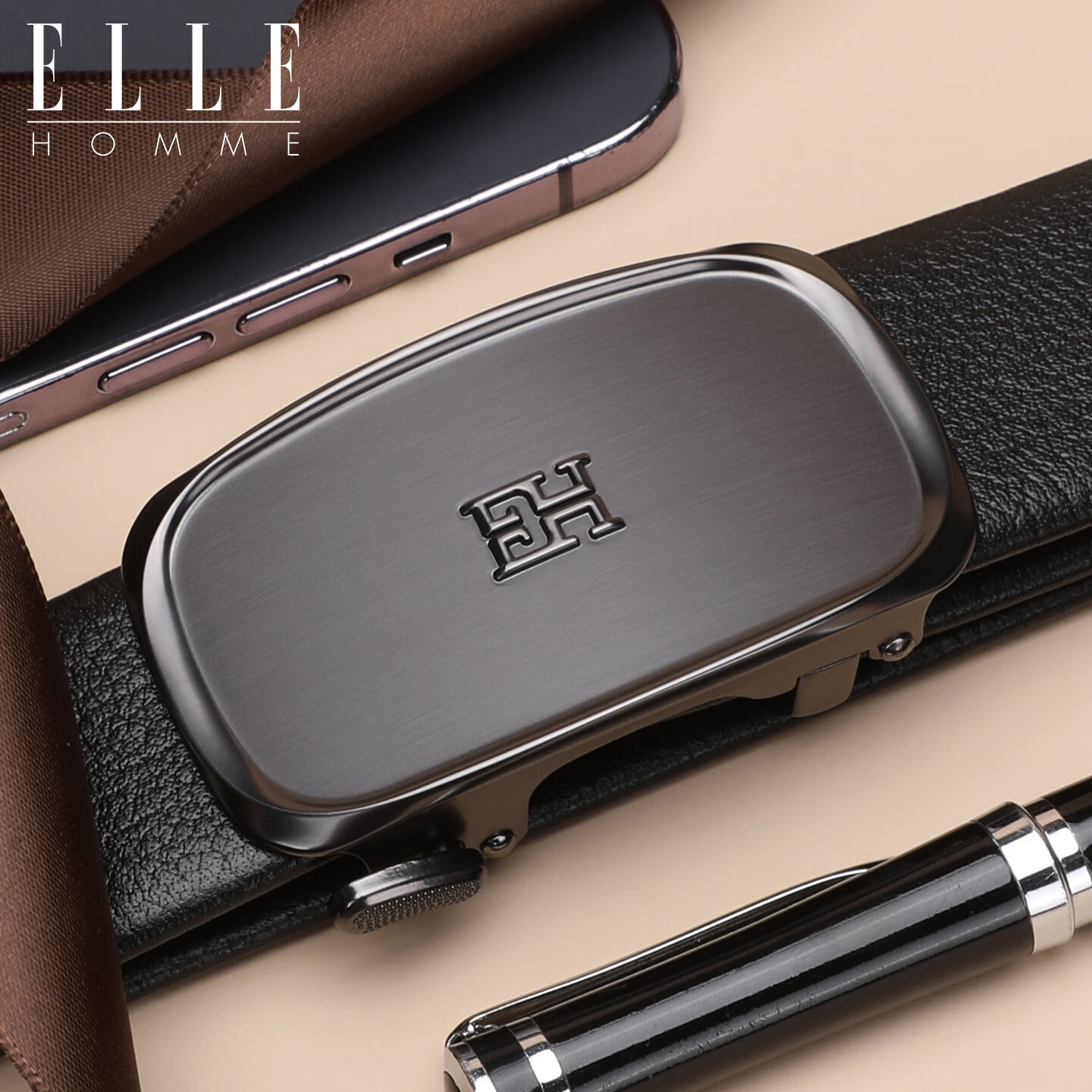 ELLE HOMME Men's Business Leather Belt First Layer Cowhide Automatic Buckle Fashion Belt 0735 Black Birthday Gift for Boyfriend
