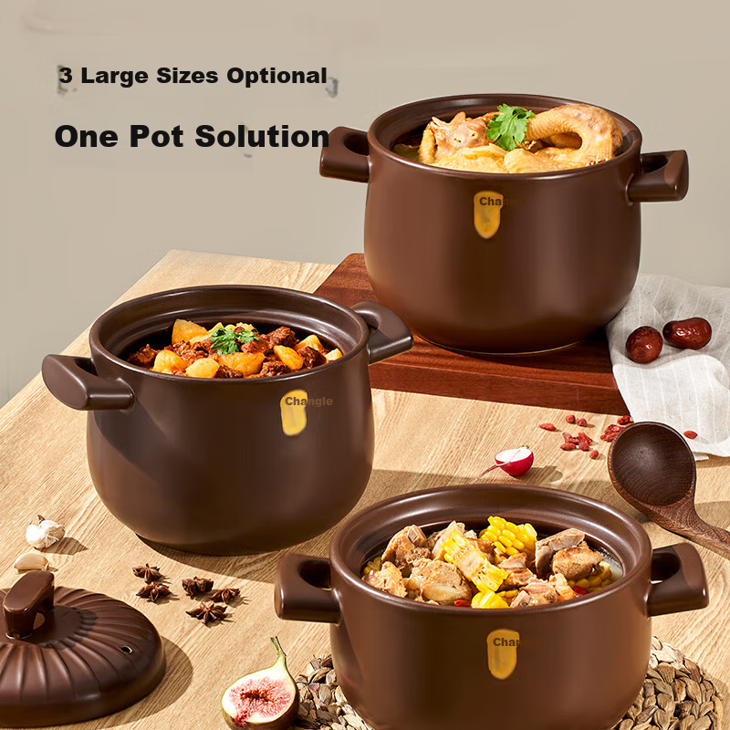 JD Original Clay Pot, Soup And Stew Pot, Heat-Resistant up to 450°C, Long-Burning without Cracking, Thickened Body, Suitable for Open Flame And Gas Stoves, 3.5L Capacity
