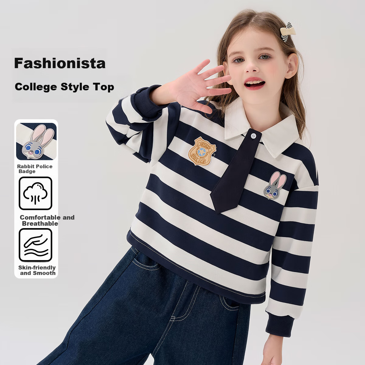 Dishini Zootopia Girls' Casual Long-Sleeve T-Shirt, 2026 Spring New Children's Polo Shirt, Striped Cartoon Top