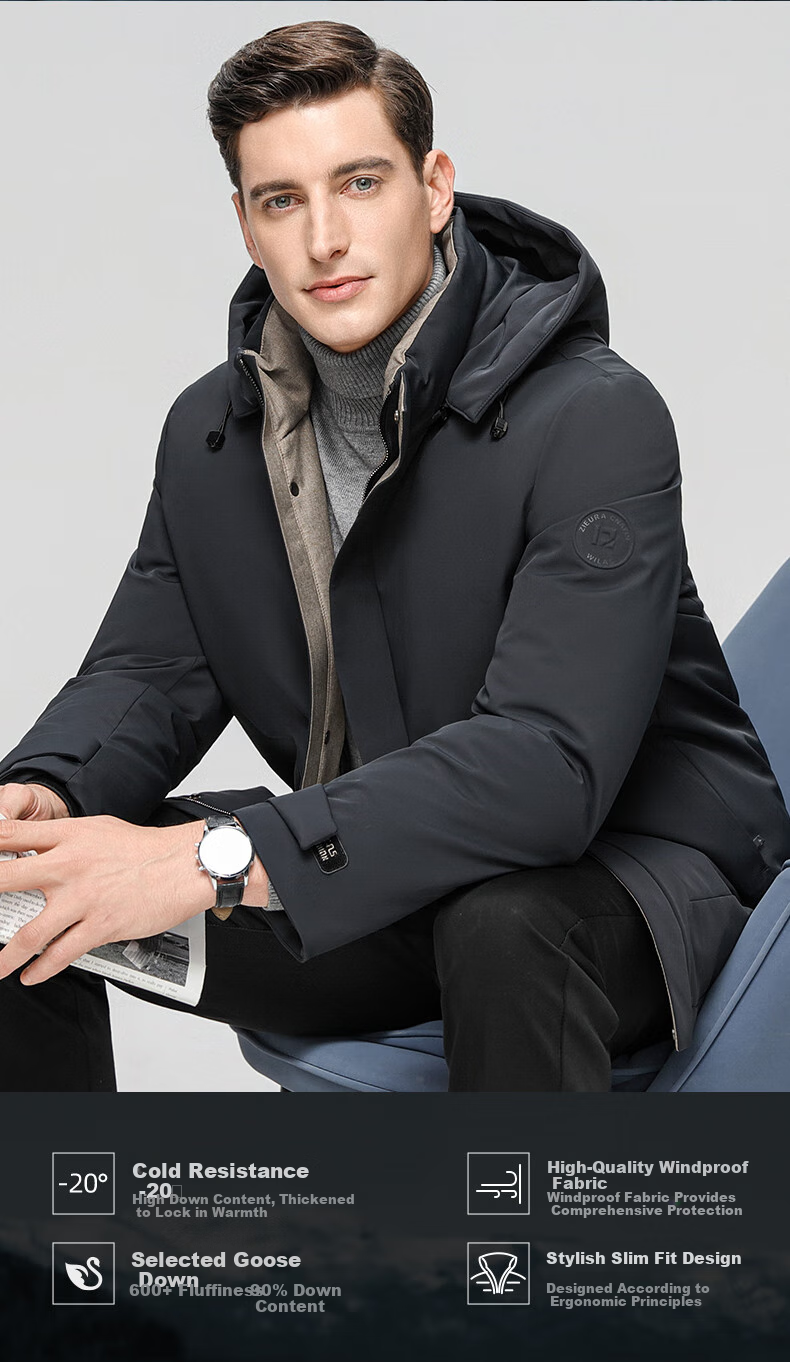 ROMON Men's Mid-Length Goose Down Jacket Detachable Hood Winter Thick Warm Coat Business Outerwear for Middle-Aged and Elderly 2
