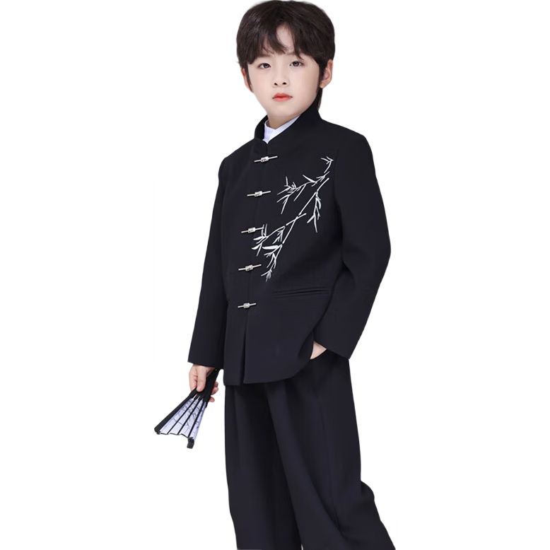 LUOBOBEIBEI Boys' New Chinese-Style Formal Wear, Ethnic Style Jacket, Children's National Style Tang Suit, Performance Costume, Black Two-Piece Set, Size 110