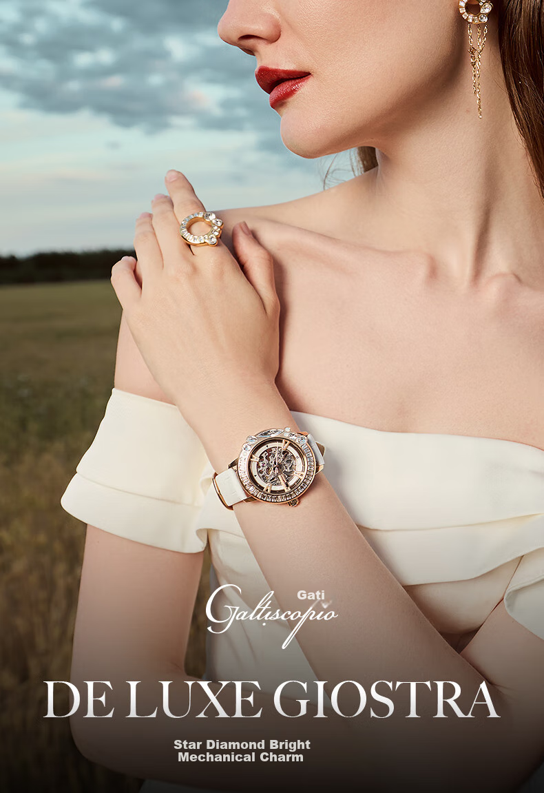 Galtiscopio New Mechanical Watch, Women's Fashion Skeleton Diamond-Studded Wristwatch, Round Mechanical Watch for Women, Holiday Gift 1