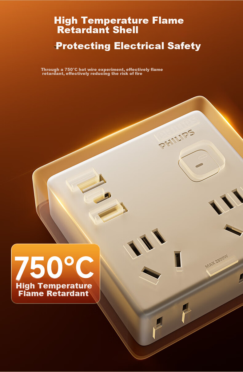 PHILIPS Mini USB Socket Expander 12W 1A1C Converter 3-Outlet Extension Socket Dorm Wall Bedside Multi-Function Wireless 1-to-5 Socket Adapter 8