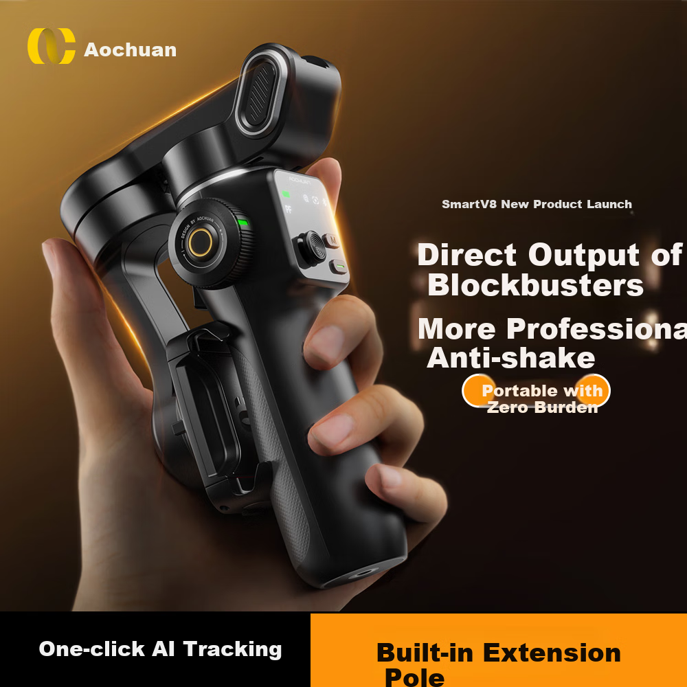 Aochuan V8 Smartphone Gimbal Stabilizer, Three-Axis Anti-Shake AI Tracking, Handheld Video Shooting, Vlog Smart Phone Photography Selfie Stick, Follow-Up Travel, Black