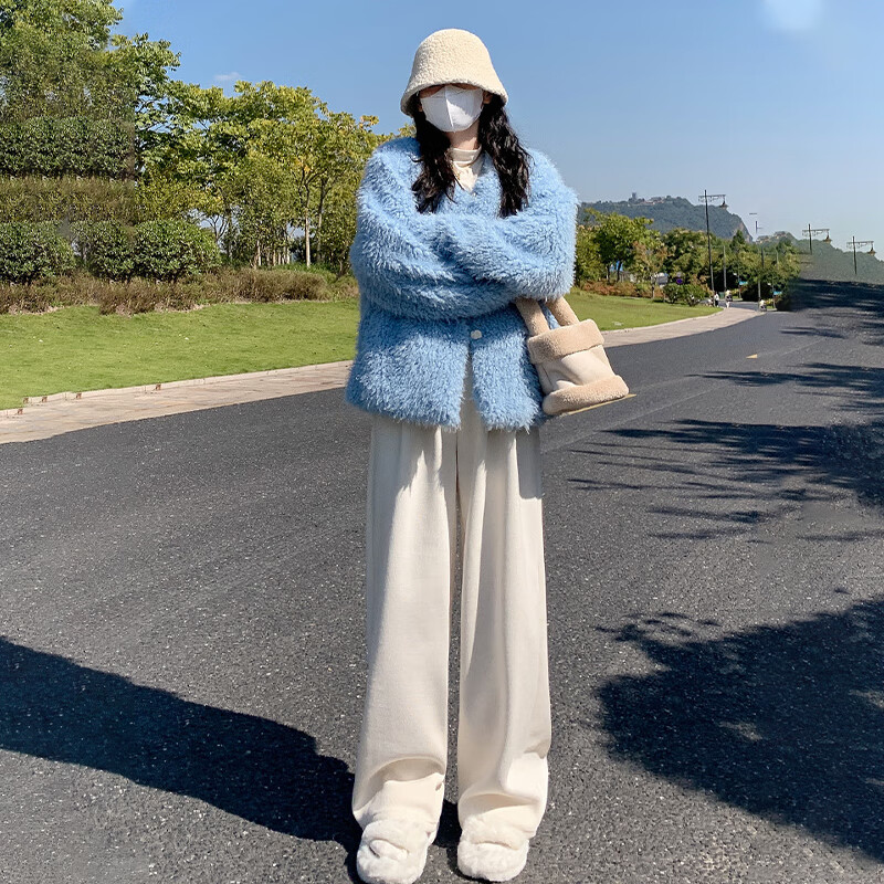 Langsha Women's Casual Pants, New Spring And Autumn 2026 Style, Petite Fleece-Lined Wide-Leg Pants, Korean-Style Slimming And Heightening Effect, European Velvet Trousers