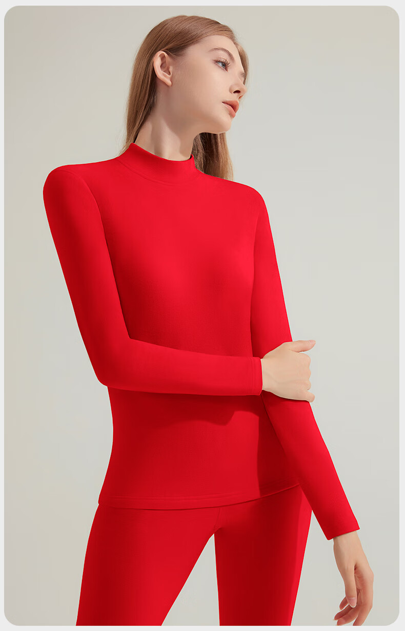 Carsonlan Qi Ji Red Thermal Underwear Set for Women, Pure Cotton Half Turtleneck Autumn Top and Bottom, Bright Red Year of the Horse Edition 18