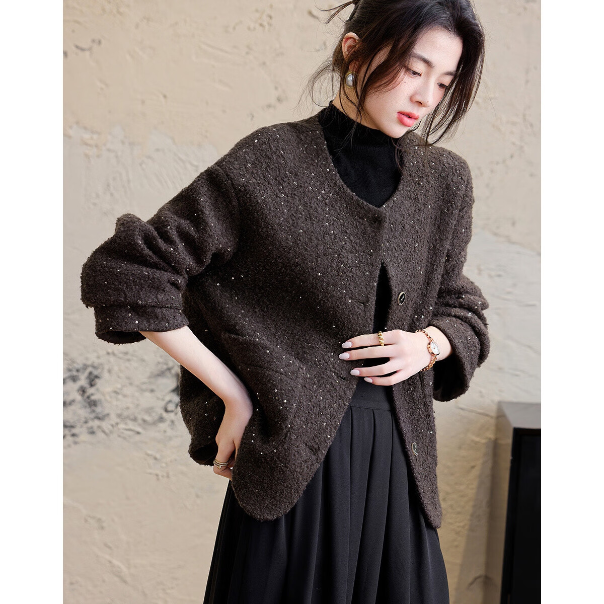 Demana Luxury Soft Wool Winter Intellectual Round Neck Boxy Thick Warm Sequin Loose Double-Faced Wool Coat for Women