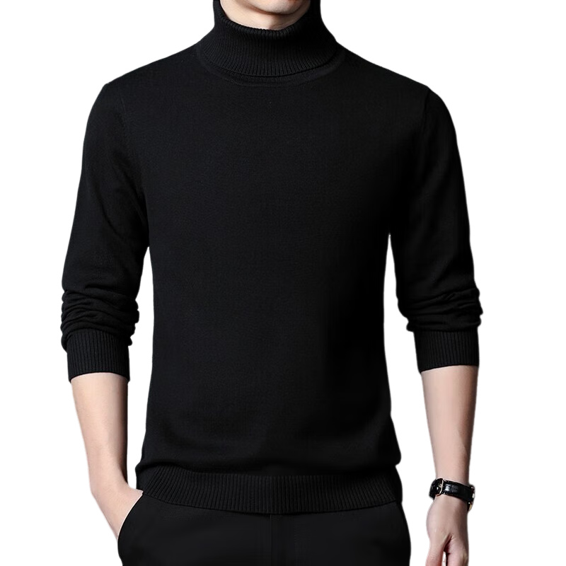 MULINSEN Men's Turtleneck Sweater Autumn Winter Warm Pure Cotton Simple Business Casual Base Knitwear Black Fleece Lined 2XL
