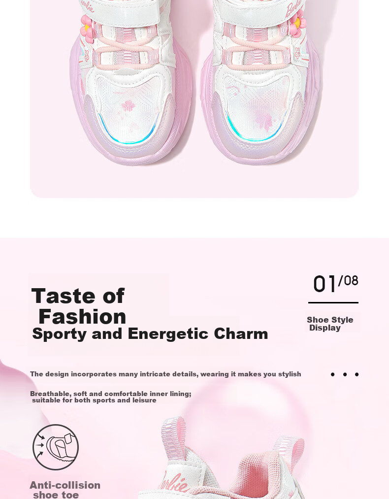 Barbie Children's Spring And Autumn Single-Layer Dad Shoes, Girls' Elementary School Running Shoes, Sports Casual Shoes DA6937 Pink 33 4